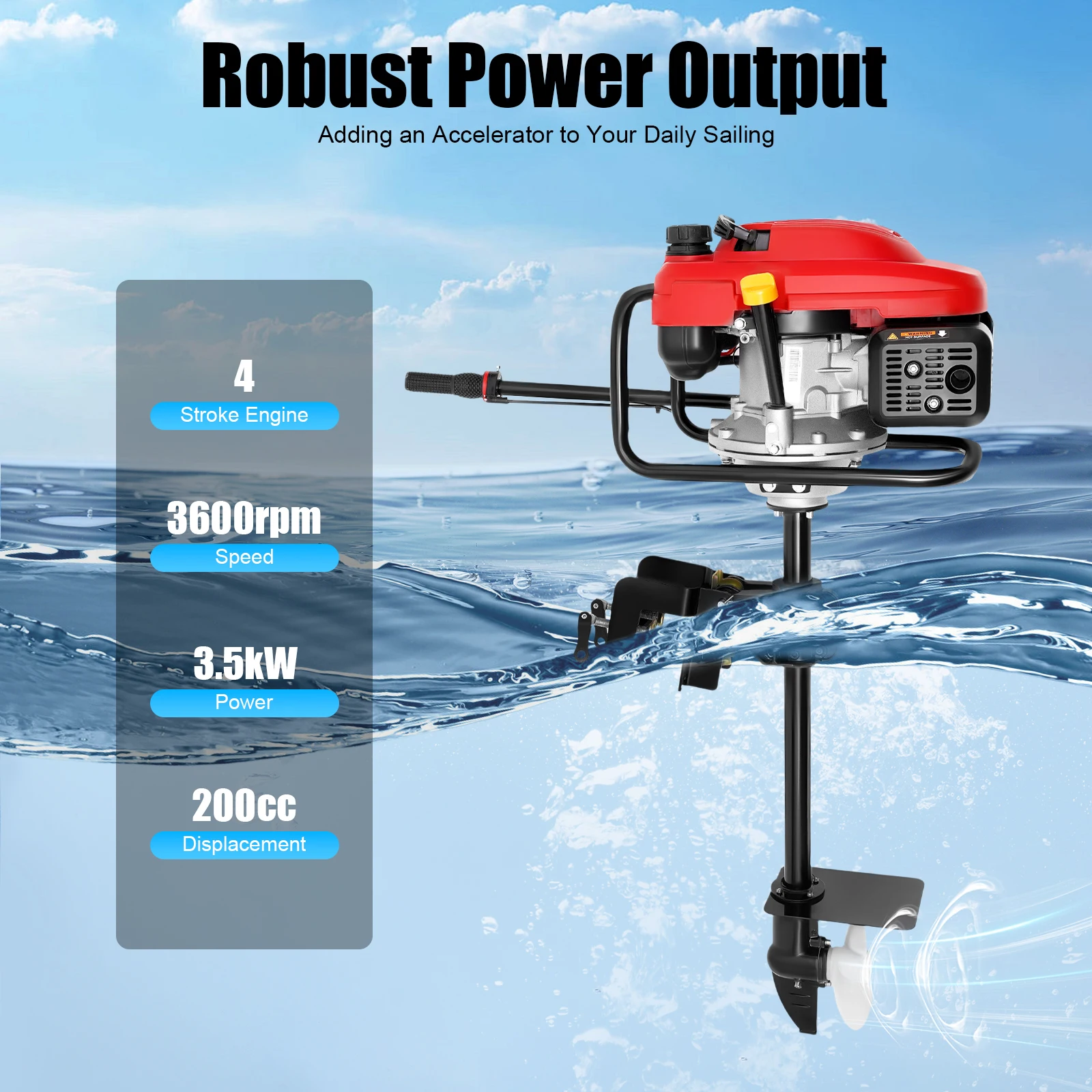 

200CC 4-Stroke Outboard Motor 3.5KW Gasoline Engine, 360° Steering for Boats 13-20ft, with CVT Transmission & Air-Cooled System