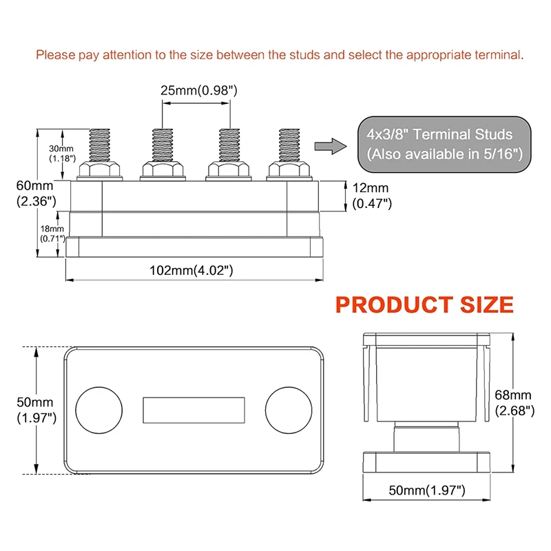 600A Bus Bar 4-Stud (3/8 Inch) M10 High Current Copper Busbar Terminal Block Marine DC 12V 24V 48V With Cover