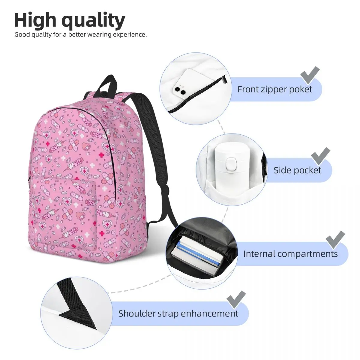 Menhera Needles Two On Pink Nurse mochila médica para guardería, escuela primaria, estudiante, mochila ligera para niños