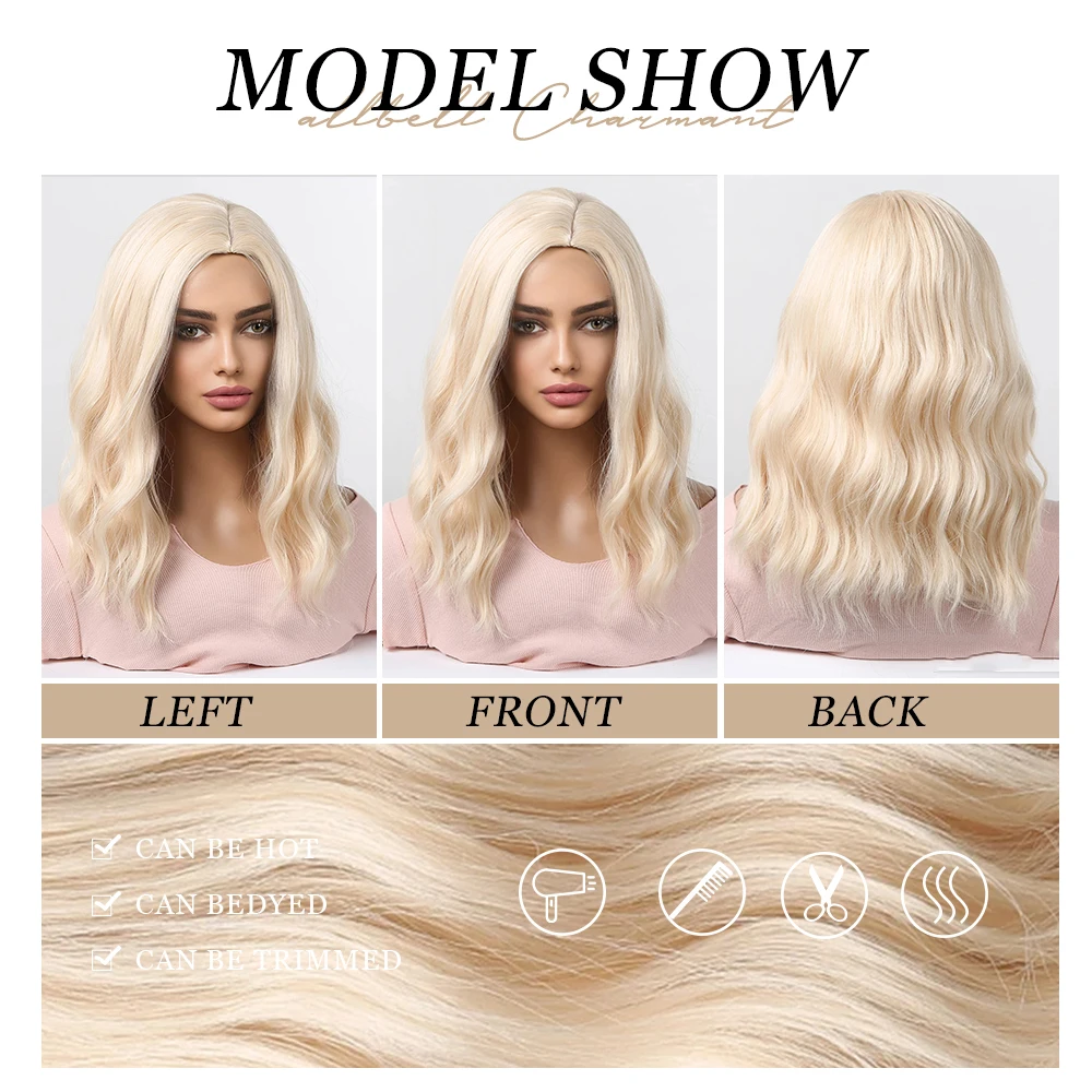 EASIHAIR Ash Blonde Short Bobo Middle Part Synethetic Natural Wigs Wavy with Bangs for Women Daily Cosplay Heat Resistant Fiber