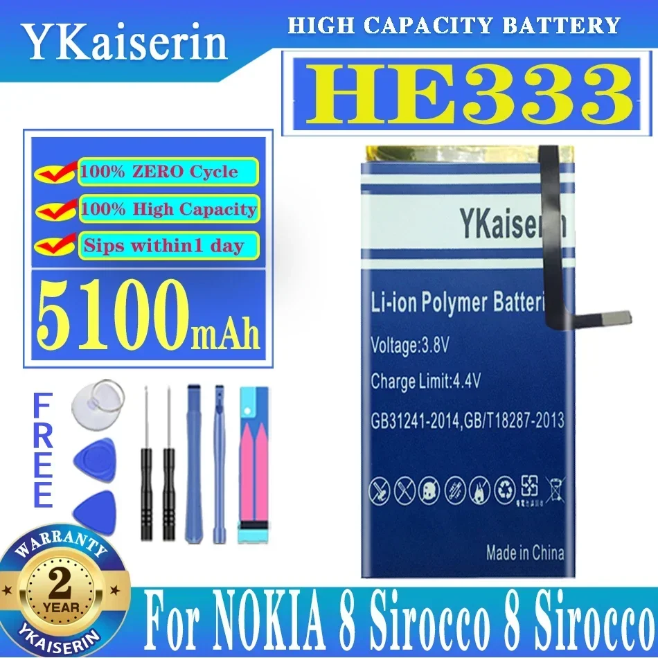 5100mAh YKaiserin Battery HE333 For Nokia 8 Nokia8 N8 N 8 Sirocco HE 333 Phone Bateria Replace Free Tool