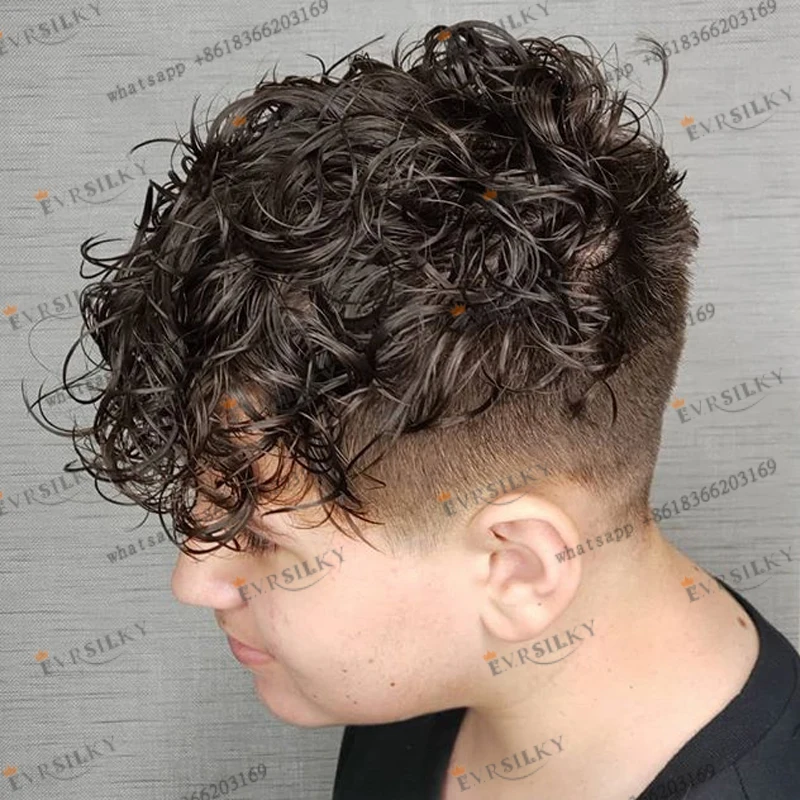 Medium Brown 26mm Natural Curly Men HairPieces Prosthesis Capillary Natural Hairline Human Hair Men Toupee Full Skin PU Base Wig