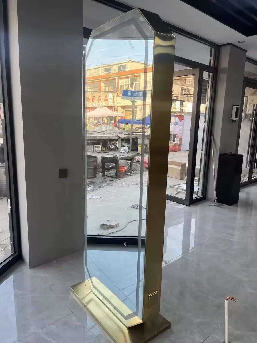 Espelho de penteado com moldura de metal dourado, dupla face, luxo, comprimento total, chão, barbearia