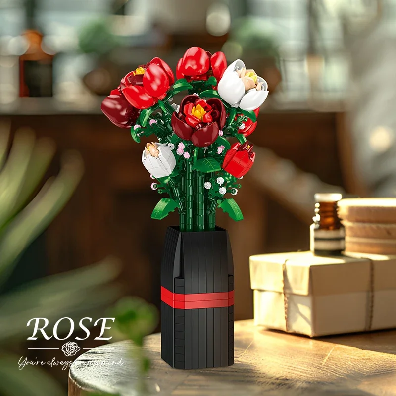 

DIY Red Rose Building Blocks Bouquet - Romantic Vase Flower Gift for Adults, Valentine's Day Anniversary Home Desk Decor