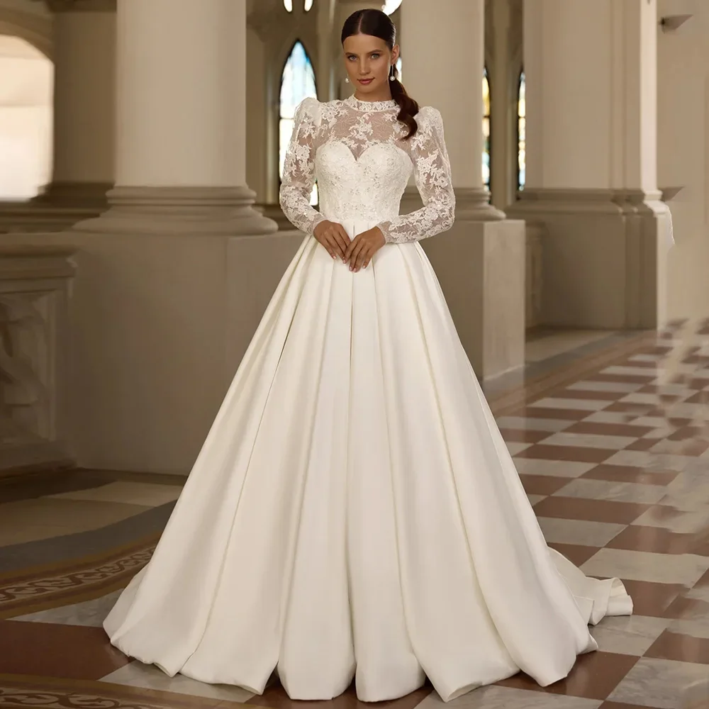 

Flavinke Customized Ivory Wedding Dresses for Lady High Neck Long Sleeves Sequined Applique A Line Satin Bridal Gown for Bride