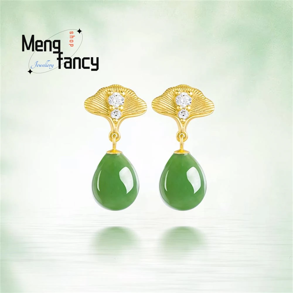 

Natural Old Material And Field Jade Jasper Ginkgo Biloba Water Drop Earrings Female Models S925 Silver Jade Temperament Earrings