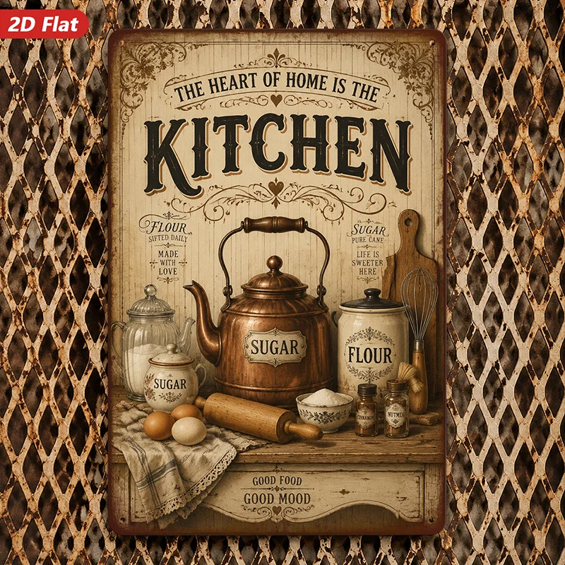 2D Flat, 1pc Vintage Kitchen Quote Metal Sign Wall Art, The Heart Of Home Kitchen, Home Decor, Sugar Flour Canisters, Kettle, Ro