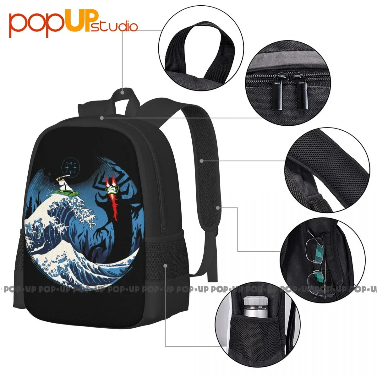 Samurai Jack Surf On The Great Wave To Attack Evil Being Demon Aku Backpack Large Capacity Swimming Gym Tote Bag