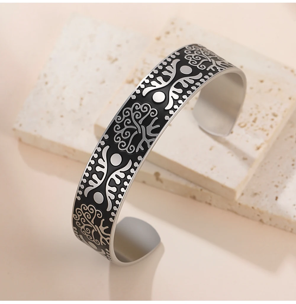 COOLTIME Vintage Muster Armband Edelstahl Blume Wort Baum Persönlichkeit männer Manschette Armreif Schmuck Zubehör – Detail 10