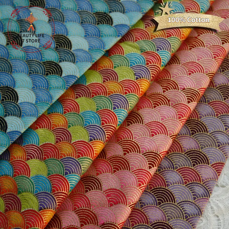 Cotton Plain Weave Bronzed Fabric Printed Fish Scales Cloth Patchwork Sewing Cheongsam Bag DIY 145*48cm