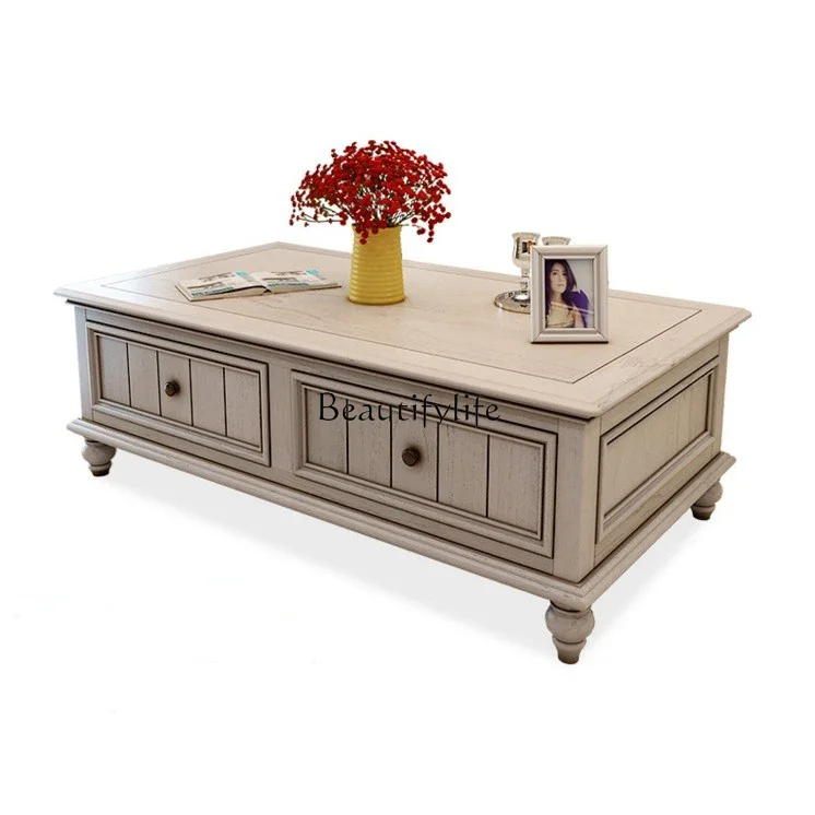 

LAll solid wood European simple modern storage coffee table simple white old oak
