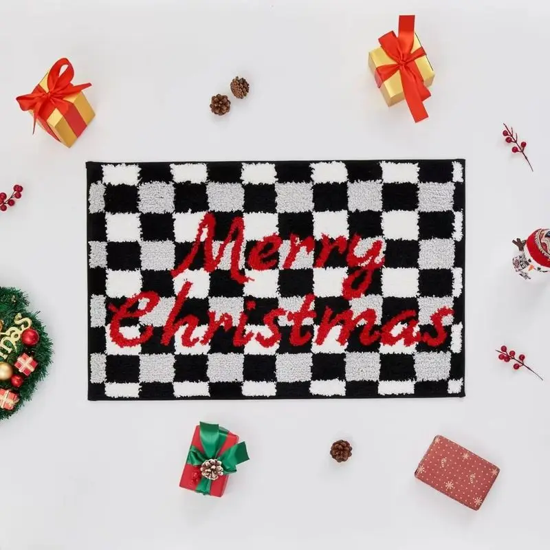 VIKAMA Black White Checkerboard Merry Yule Red Text Tufted Welcome Mat Festive Salutations Floor Padding Grip Backed Decor Soft
