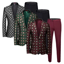 Classic Men Wedding Banquet Party Suit Large Size 6XL Male Slim Fit Jacquard Blazer Coats and Pure Color Trousers