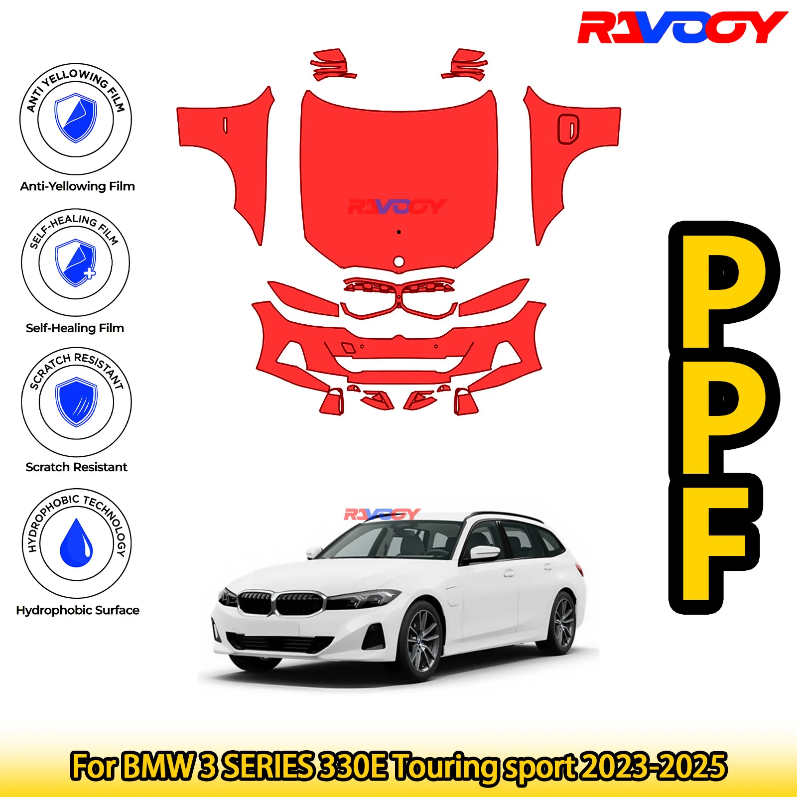 

Для BMW 3 SERIES 330E Touring sport 2023-2025 глянцевый матовый черный предварительно вырезанный передний комплект PPF защитная пленка для краски