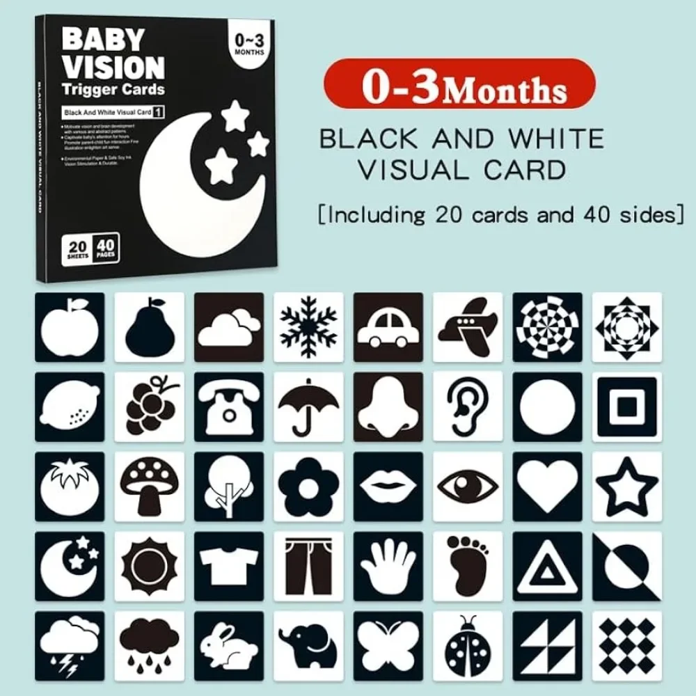 Montessori 0-12Month Baby Vision Stimulation Cards Black and White Contrast Cards Stimulate Newborn Visual Early Learning Toys