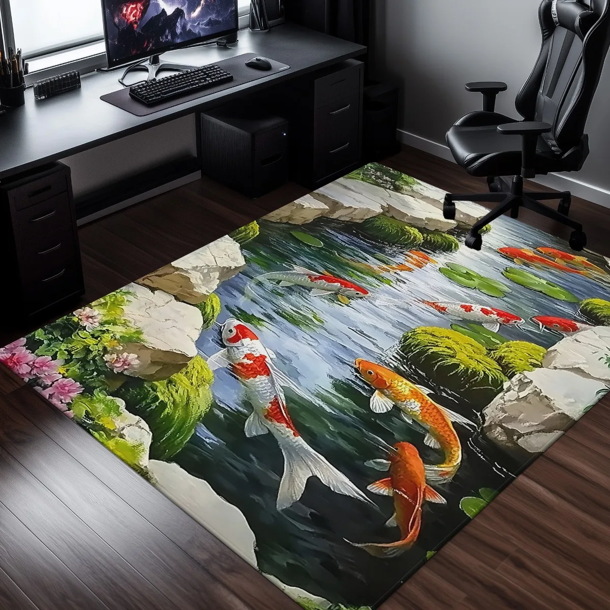 Waterproof Koi Fish Pond Area Rug Indoor Carpet Living Room Home Decor Japanese Style Aquatic Animal Print Durable Mat