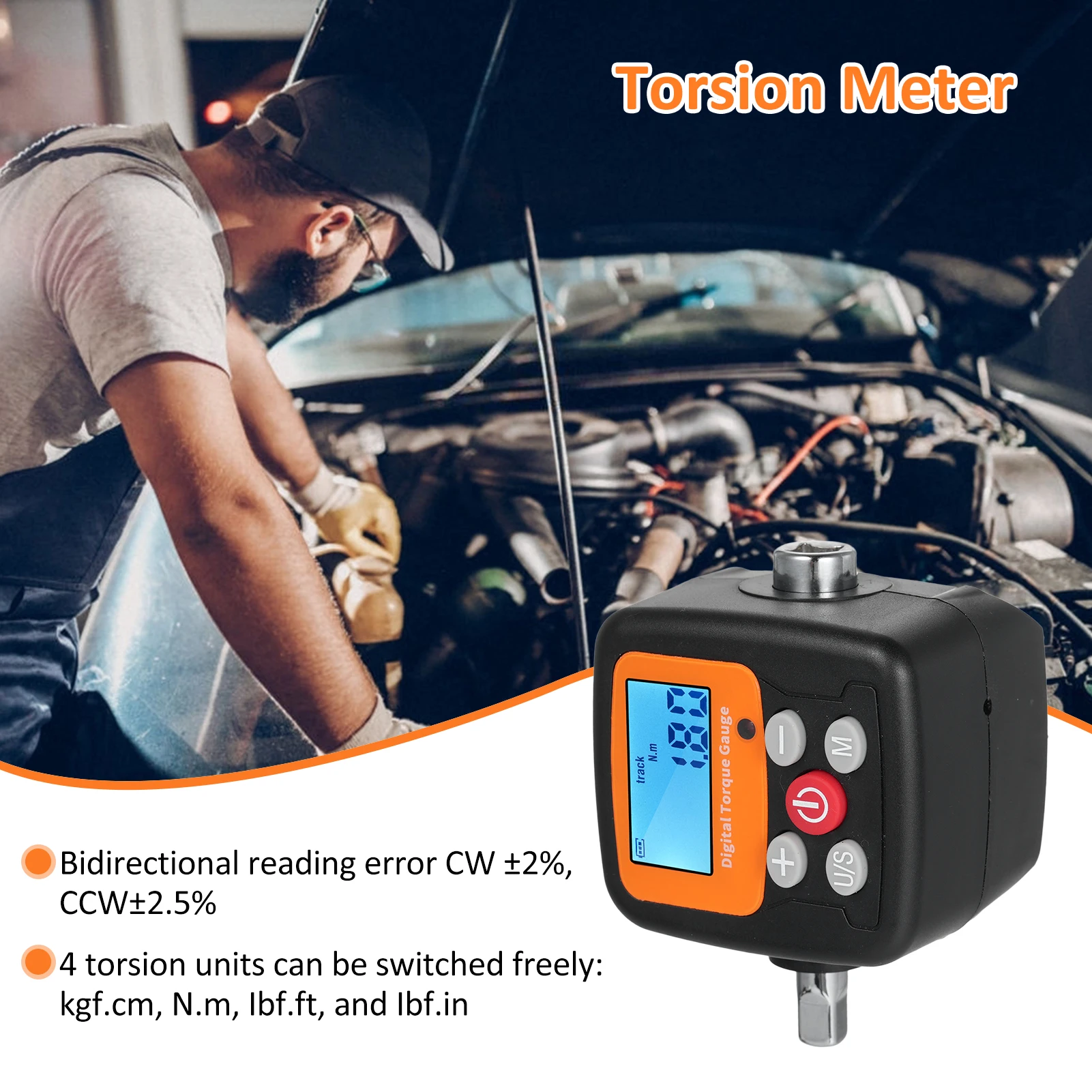 Digital Display Torque Meter 1/2\'\' to 1/4\'\' Adapters High Accuracy 4 Torque Units Backlit Display Perfect for Automotive Bicycle