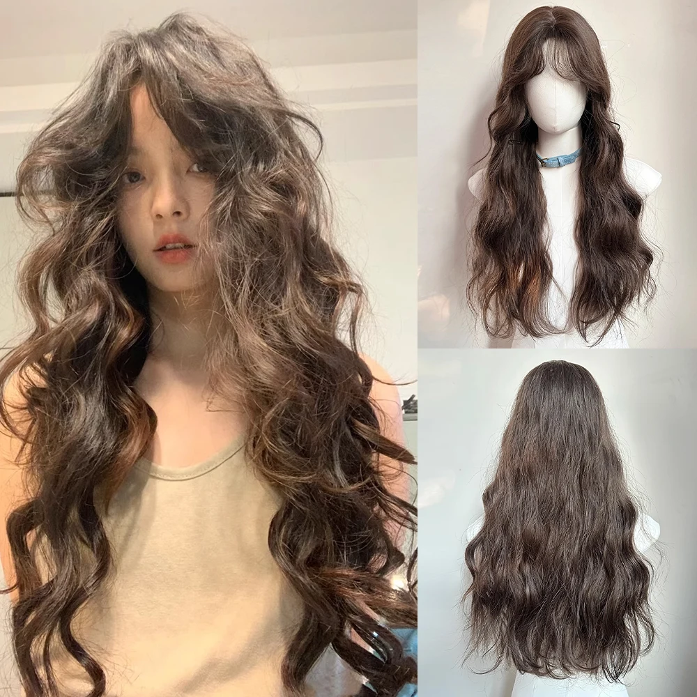 Brown Synthetic Long Wavy Wigs Middle Part Lolita Cosplay Fluffy Women Heat Resistant Wig for Daily Party