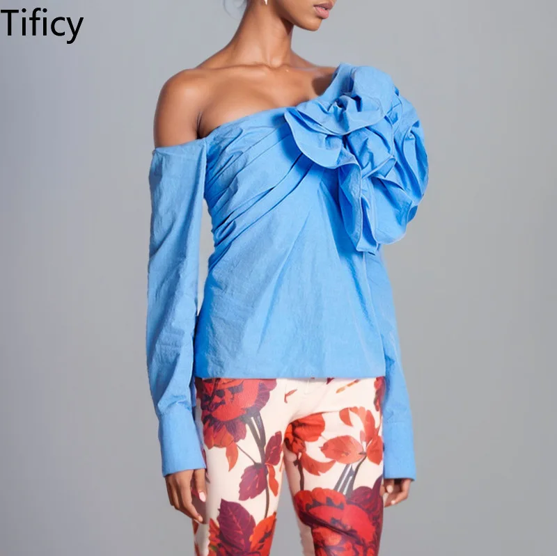 TIFICY French Design Three-dimensional Large Flower Shirt for Women's Spring New Sexy Off Shoulder Short Irregular Blouses Top