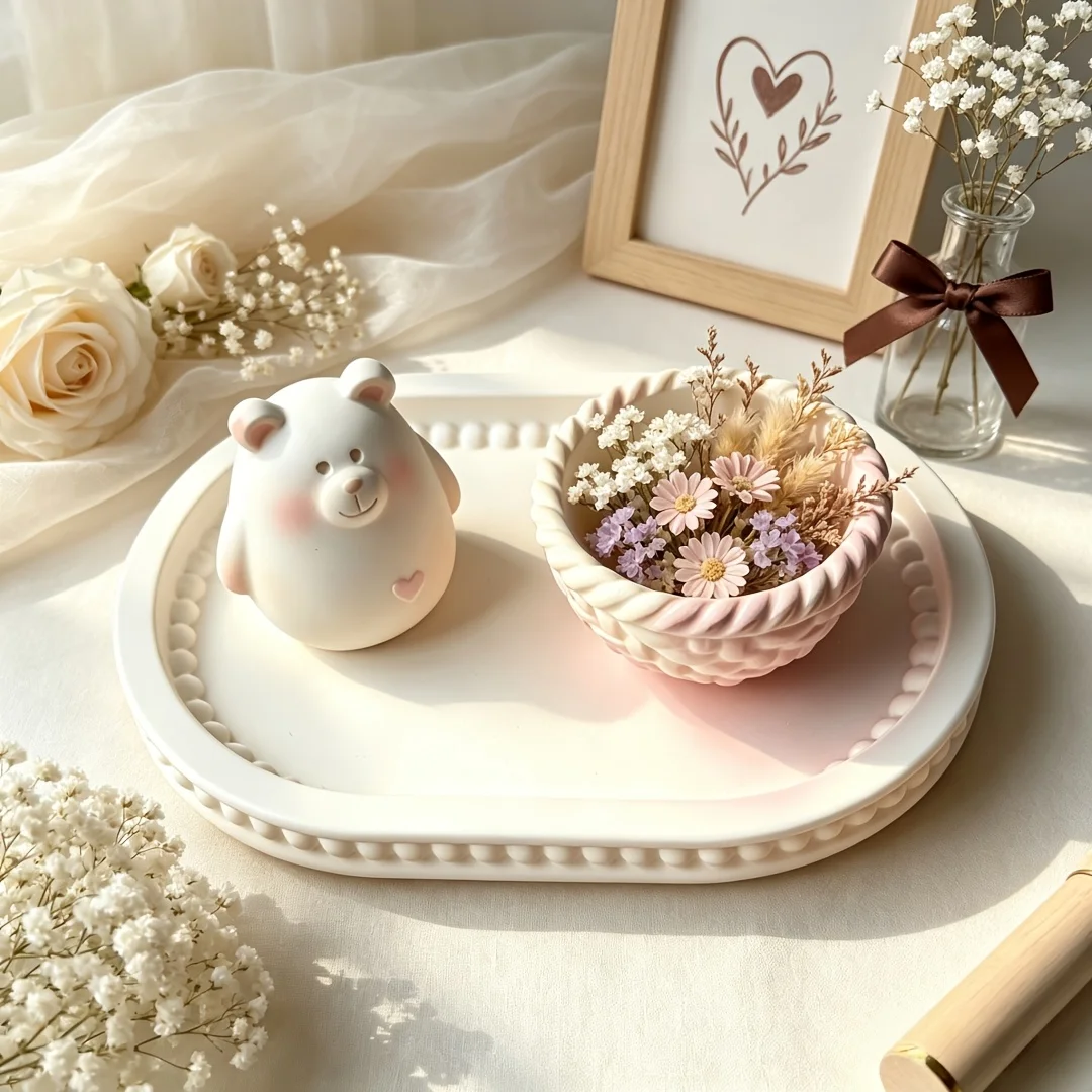 3pcs Clay Molds, Including Heart-Shaped Teddy Bear Molds, Woven Bamboo Basket Molds, Lace Oval Tray Molds, Home Decoration
