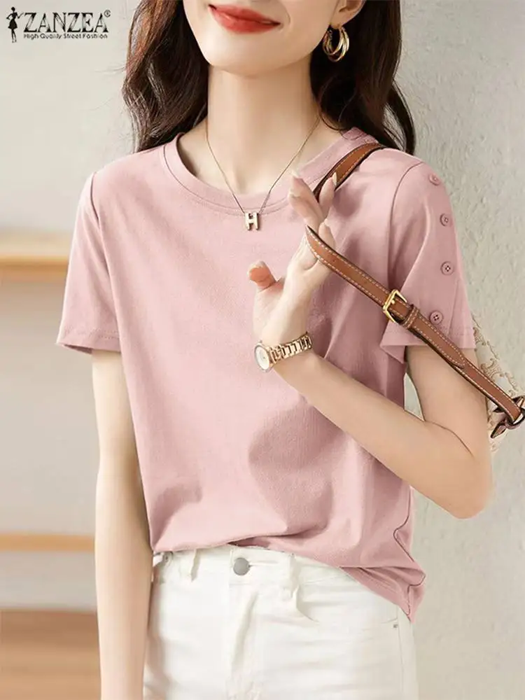 ZANZEA Women Solid T-shirts Casual Round Neck Tops 2024 Summer Short Buttons Sleeve Tees Korean Fashion Simple Basic Tunics