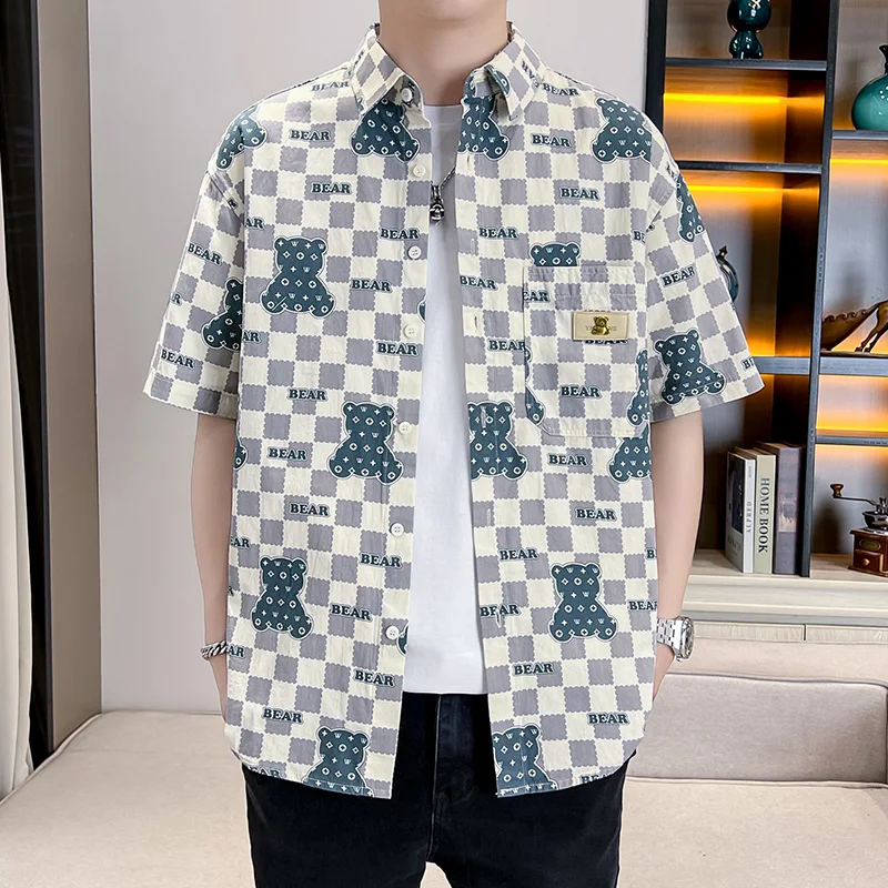 Men's Short Sleeve Summer Casual Printed Shirts Comfortable Standard-fit Button-down Plaid Solid Color Cotton Shirt Coat