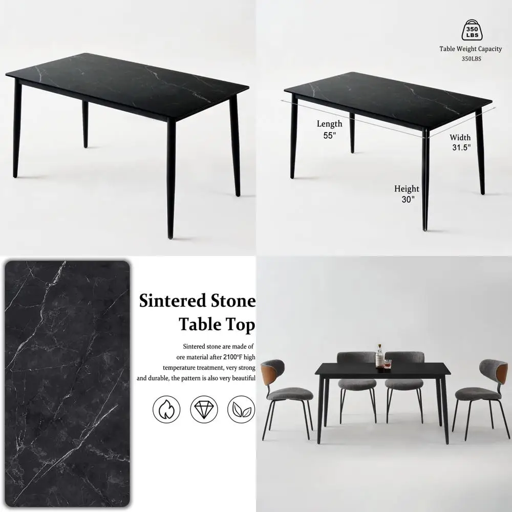 moderna tavolo da pranzo in pietra sinterizzata nera da 55" con gambe in metallo per 4, stile minimalista