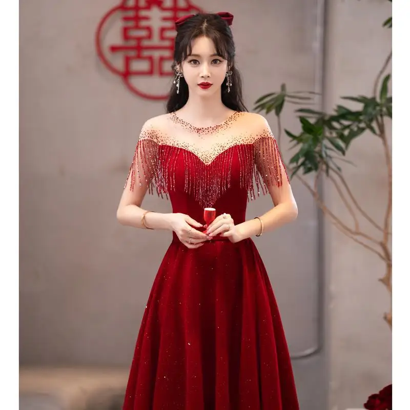 

Beading Tassel Women Evening Dresses Burgundy Patchwork A-Line Prom Party Dress 2023 New Plus Size Elegant Ball Gowns