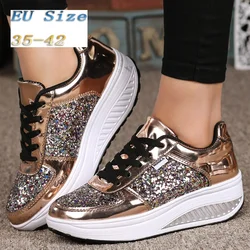 Brand New Womens Platform Toning Wedge Shoes Sequins Shake Shoes Fashion Girl Sport Shoes Fitness Shoes Woman Slimming Sneakers