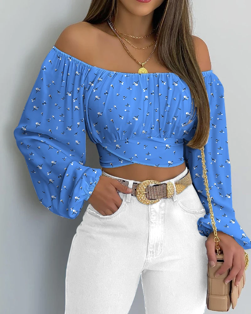 Autumn Women Print Crossed Tied Back Crop Top 2021 Femme Casual Off Shoulder Ruched Lantern Sleeve Blouse Y2k Lady Outfits