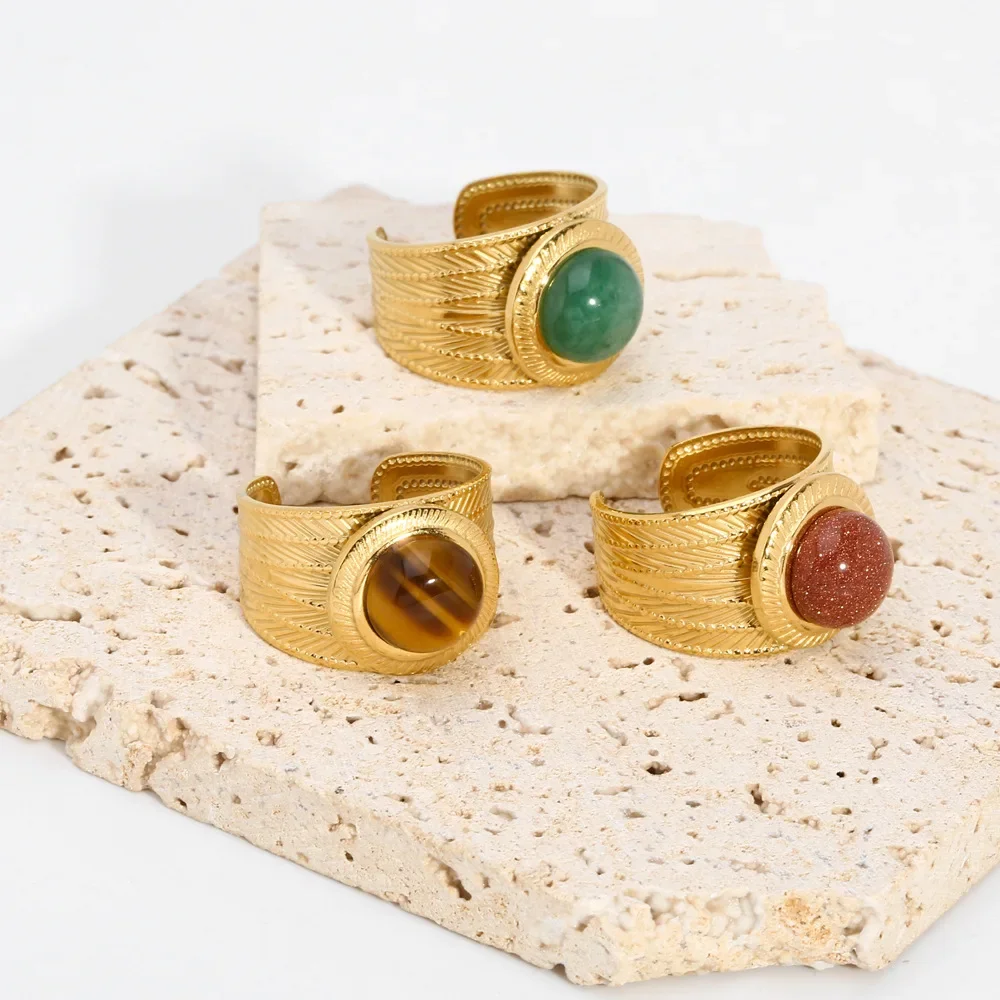 Vintage Natural Stone Turquoise Open Rings 18K Gold Plated Stainless Steel Wide Chunky Finger Ring for Women Jewelry