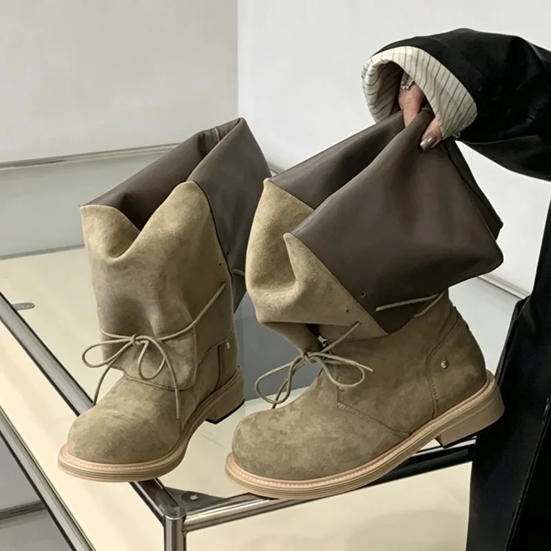 Designer Turned-over Edge Detail Ankle Boots Women Thick Square Heel Lace-Up High Boots Pleated Foldable Botines Zapatos Mujer