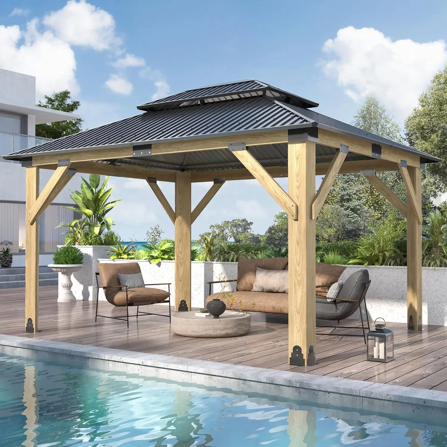

11x13FT Wooden Outdoor Gazebo with Galvanized Steel Hardtop & UV Protection for Garden Poolside Deck, Custom