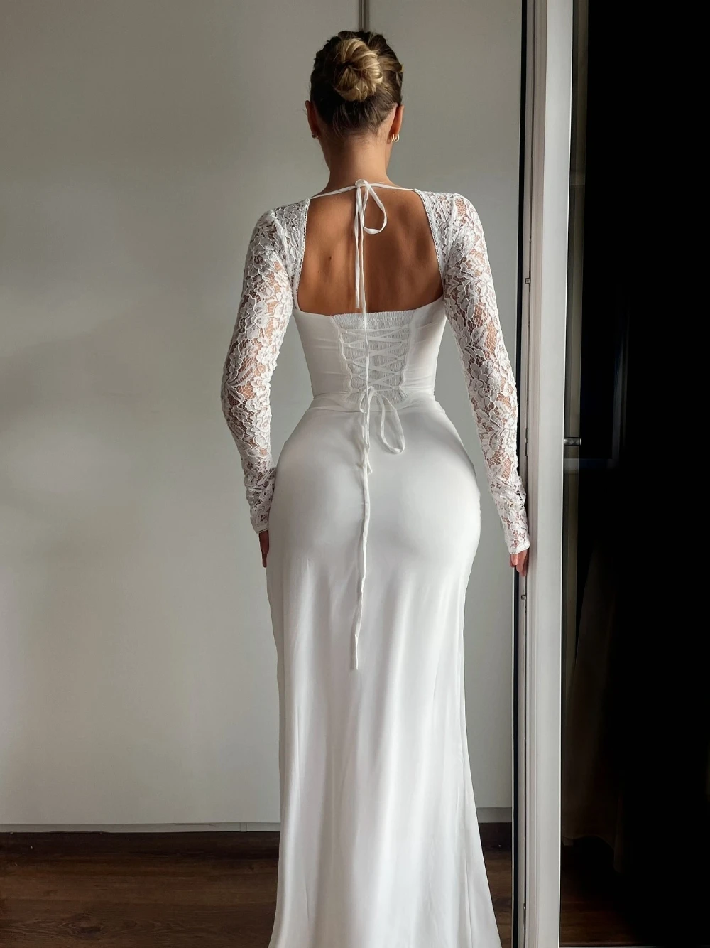 Witte Kant Volledige Mouwen Avondjurk Aangepaste Vrouwen Bruiloft Dromerige Sweetheart Hals Engagement Prom Wear Lace Up Back