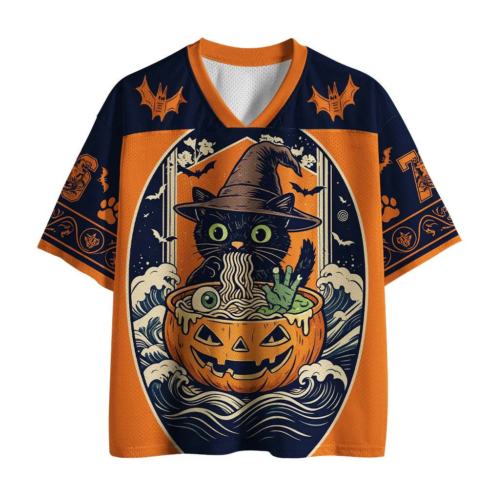 Halloween Cartoon Graphic Football Jersey, V Neck Short Sleeve Streetwear, Skeleton Black Cat Capybara Witch Pumpkin Print Top