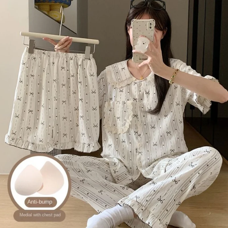 Bow Tie Dotพิมพ์ชุดนอนสตรีชุด 2025 ฤดูร้อนใหม่หวานCoolแฟชั่น 3 PCชุดสตรีชุดนอนสบายๆสไตล์เกาหลีสวมใส่