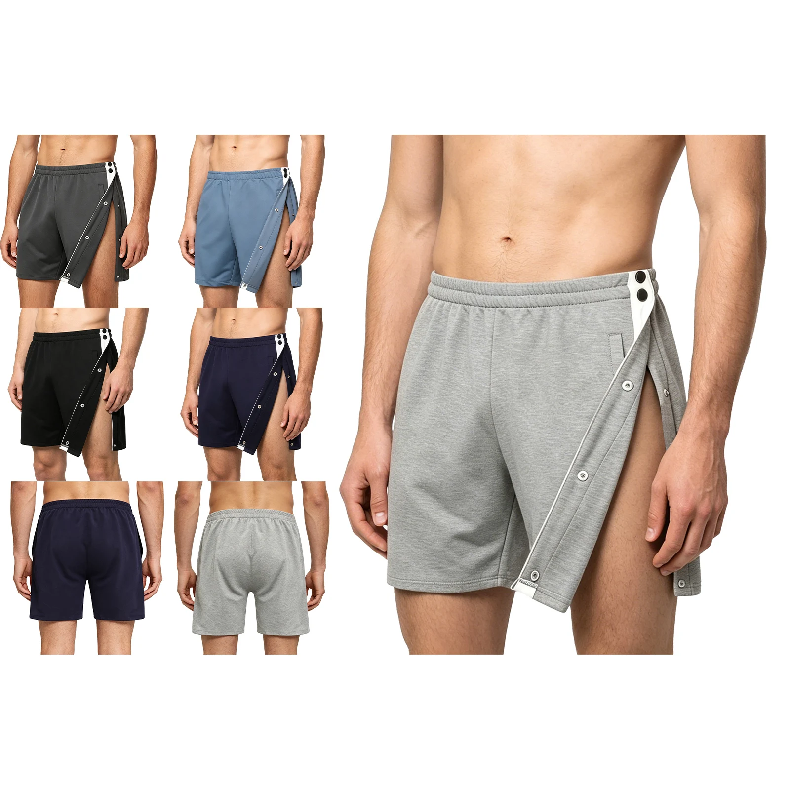 

Mens Tear Away Shorts for Post Surgery Recovery Side Pressing Button Snap On Athltic Shorts Special Needs Adaptive Clothing