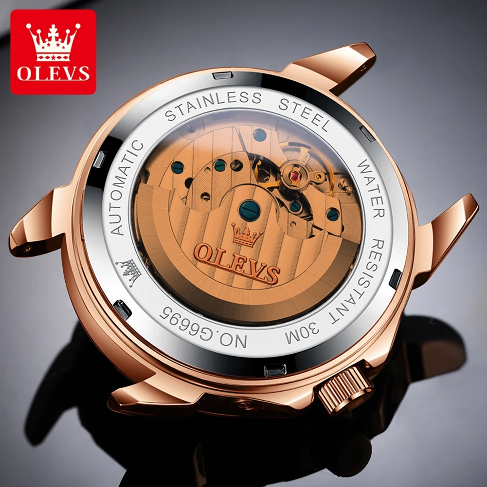 OLEVS 6695 Luxury Brand Men\'s Watch Waterproof Calendar Moon Phase Leather Watch Multi functional Automatic Mechanical Men Watch