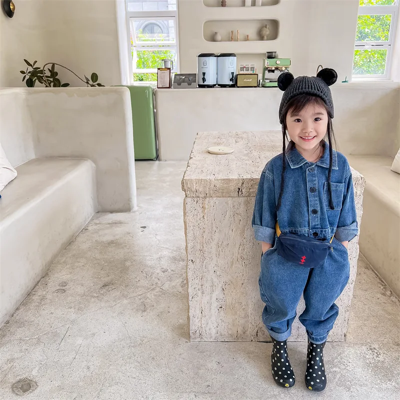 Kid Jumpsuit 2024 Autumn Children Wear Children Korean Style Denim Rompers Autumn Long Sleeve Rompers Baby Boys and Girls