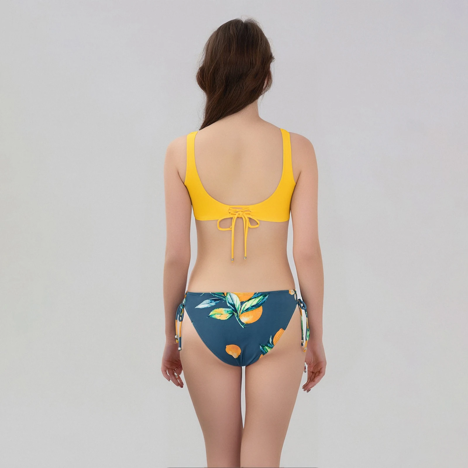 Women's Summer Bikini Solid Color Push Up Swim Tops with Lemon Print Low Waist Thong Swimsuit 2pcs Bathing Suit Beach Swimwear