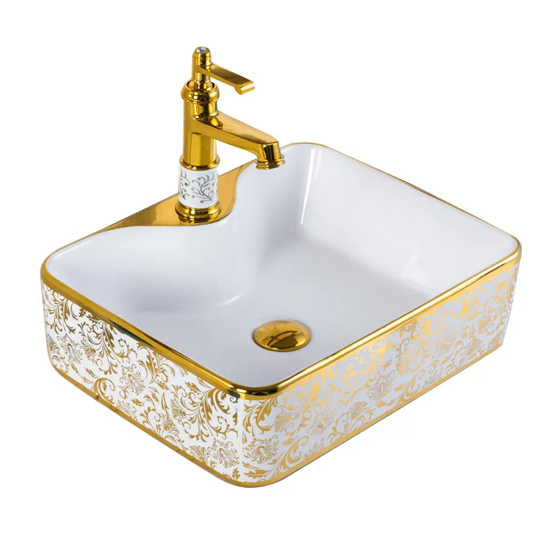 

Electroplated gold wash basin Color gold basin Phoenix tail gold flower table Light luxury rectangular basin with faucet hole