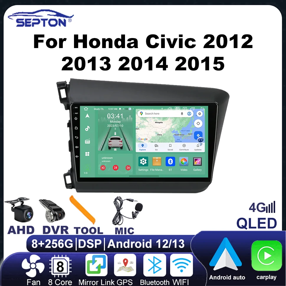 

SEPTON Car Radio Multimedia Player for Honda Civic 2012 2013 2014 2015 2din Carplay Navi GPS Android 12 Autoradio Head Unit 4G