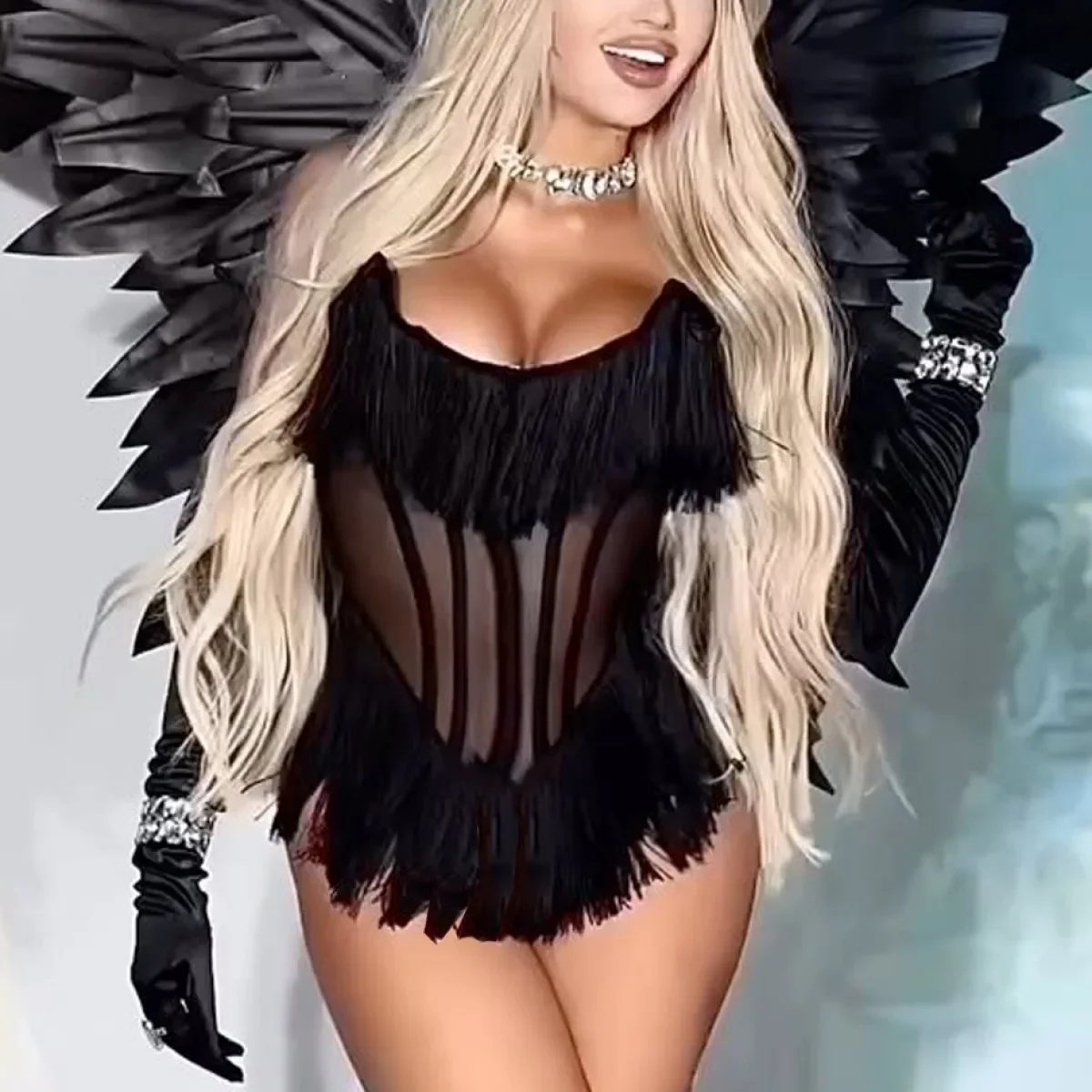 

2025 Hot Girl Tassel Perspective Mesh Sexy Body Shaping Strap Underwear Underwear Set Two Piece Set