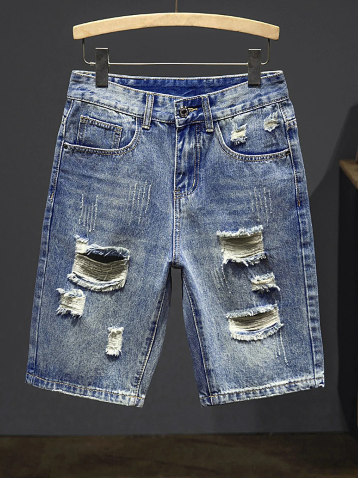 

Мужские джинсовые шорты премиум-класса: повседневные, с эффектом потертости, прямого кроя, свободные, в американском уличном стиле, летние