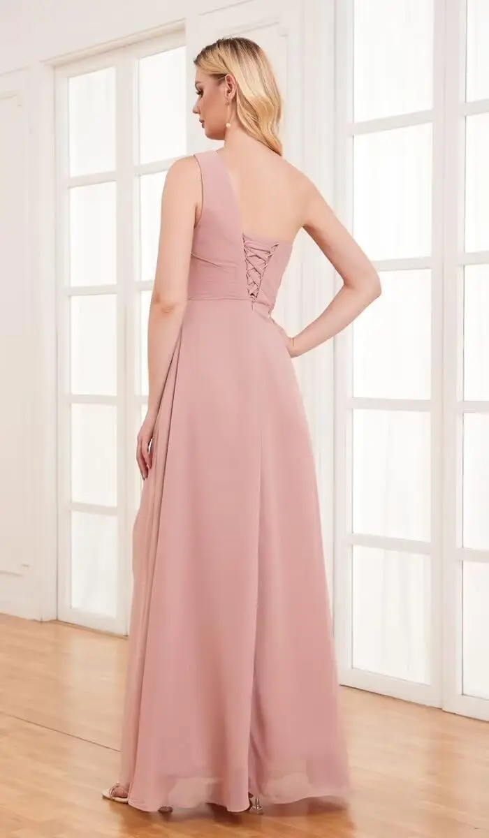 Ein Schulter Chiffon Brautjungfer kleider mit Schlitz Rüschen A-Linie lange formelle Abendkleid Frauen Kleid Party Abschluss ball Sommer