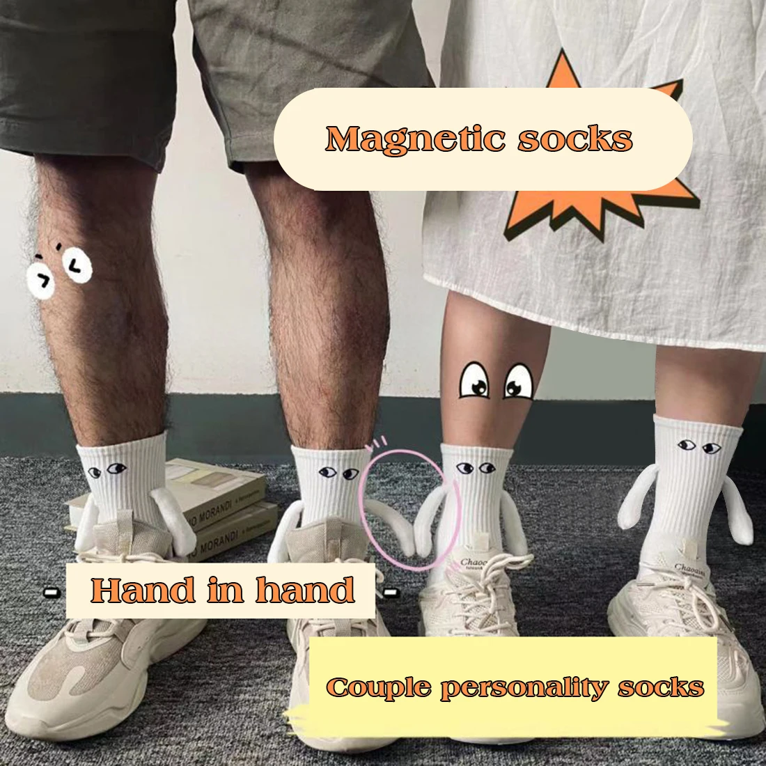 Magnetic Socks with Hands Women Men Fashion Black White Funny Cute Cartoon Eyes Couple Mid-tube Socks for Gifts