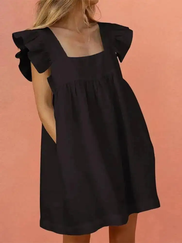 Minivestido con volantes para mujer, Vestidos bonitos con cuello cuadrado y bolsillos, Vestidos elegantes con manga de mariposa para fiesta en la playa, Vestidos femeninos ZU4Y