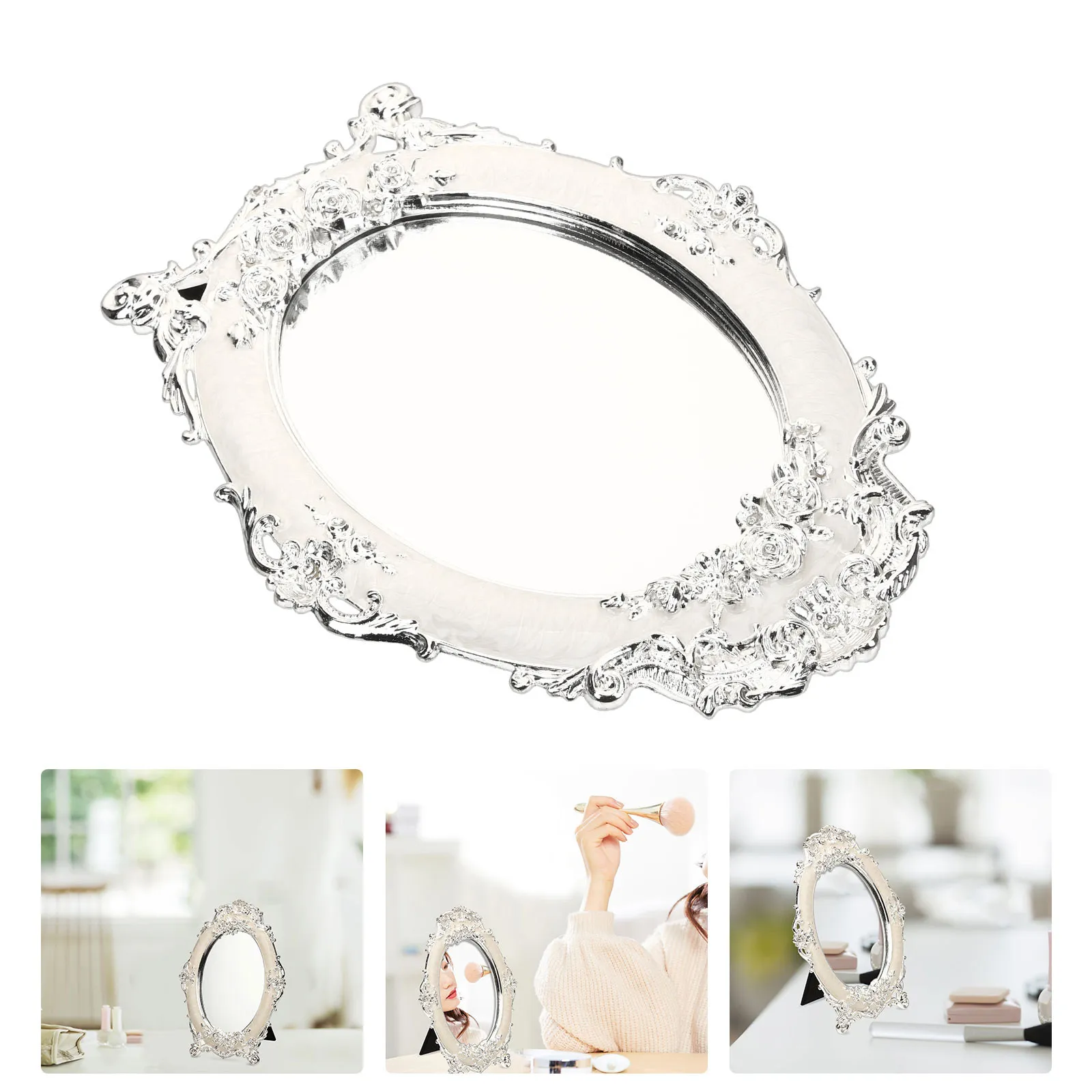 

European Retro Metal Desktop Makeup Mirror High Definition Clear Surface Stable Base Elegant Tabletop Vanity Mirror for Bedroom