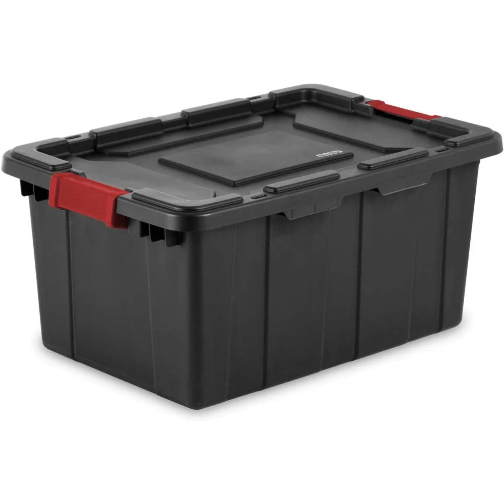 

5Gal Industrial Tote, Stackable Storage Bin with Latching Lid, Plastic Container with Heavy Duty Latches, Black Base and Lid