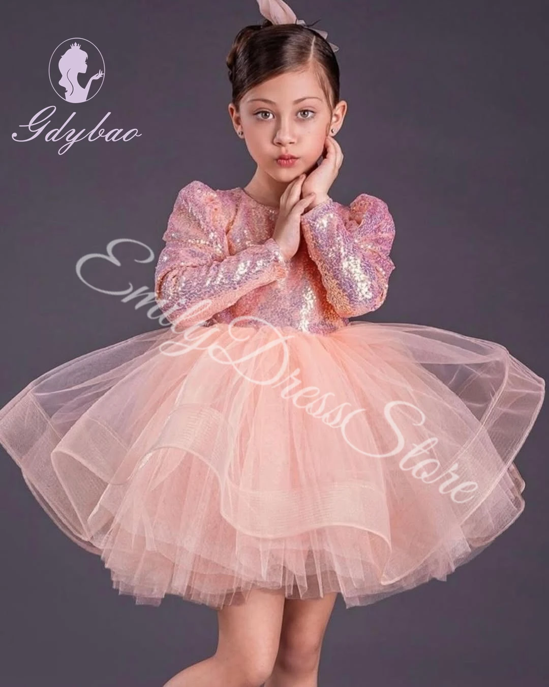 

Customized Pink Flower Girl Dress For Wedding Puffy Sequins Full Sleeves Birthday Party First Communion Performance Gown